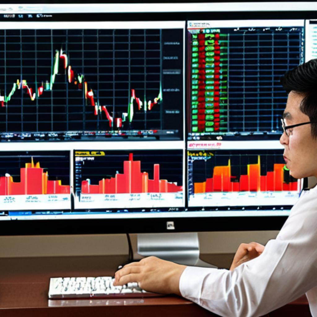 **

A Vietnamese financial expert confidently analyzing Forex market data on multiple screens, incorporating technical analysis tools like candlestick patterns and moving averages.  Depict the scene in a modern office setting with a subtle Vietnamese cultural element (e.g., a small bonsai tree or a framed piece of Vietnamese art). The overall tone should be professional and sophisticated.  Include charts showing currency pair fluctuations.

**