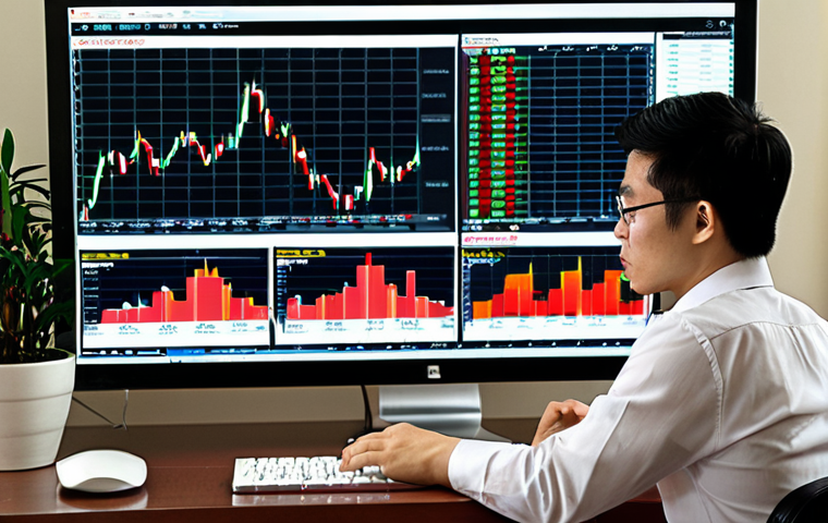 **

A Vietnamese financial expert confidently analyzing Forex market data on multiple screens, incorporating technical analysis tools like candlestick patterns and moving averages.  Depict the scene in a modern office setting with a subtle Vietnamese cultural element (e.g., a small bonsai tree or a framed piece of Vietnamese art). The overall tone should be professional and sophisticated.  Include charts showing currency pair fluctuations.

**