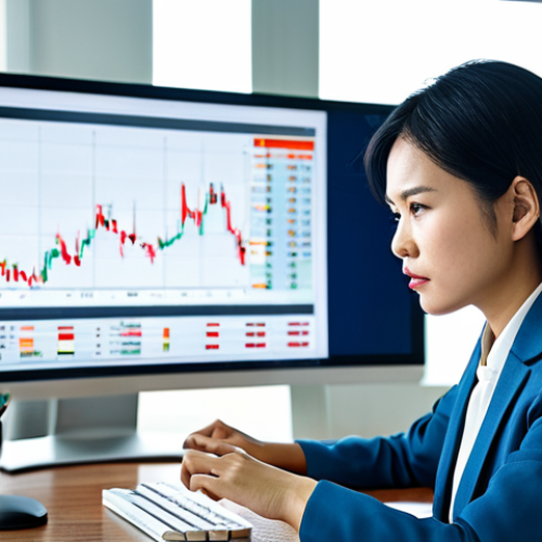 A professional Vietnamese businesswoman in a modest business suit, fully clothed, appropriate attire, seated at a sleek desk in a modern, well-lit office. She is looking intently at a large monitor displaying clear financial charts related to currency exchange rates. Her expression is thoughtful and composed, demonstrating focus on strategic financial analysis. The background is clean and professional. High-quality, realistic photography, sharp focus, professional lighting, perfect anatomy, correct proportions, natural pose, well-formed hands, proper finger count, safe for work, appropriate content, fully clothed, professional.