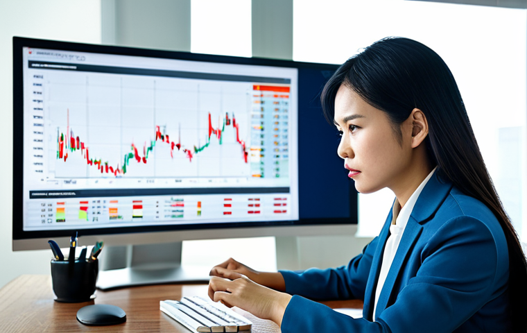 A professional Vietnamese businesswoman in a modest business suit, fully clothed, appropriate attire, seated at a sleek desk in a modern, well-lit office. She is looking intently at a large monitor displaying clear financial charts related to currency exchange rates. Her expression is thoughtful and composed, demonstrating focus on strategic financial analysis. The background is clean and professional. High-quality, realistic photography, sharp focus, professional lighting, perfect anatomy, correct proportions, natural pose, well-formed hands, proper finger count, safe for work, appropriate content, fully clothed, professional.