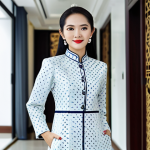 Modern Vietnamese Businesswoman**

"A professional Vietnamese businesswoman in a modest, stylish *áo dài* (traditional Vietnamese dress) suitable for a business meeting, standing confidently in a modern co-working space in Ho Chi Minh City, fully clothed, appropriate attire, safe for work, perfect anatomy, natural proportions, professional photography, high quality."

**
