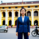 Businesswoman in Hanoi**

A professional Vietnamese businesswoman in a tailored áo dài suit (modern version, fully closed neckline, long sleeves), stands confidently in front of the Hanoi Opera House during the daytime. The background features bustling streets with motorbikes and pedestrians, capturing the vibrant city life. Safe for work, appropriate content, fully clothed, modest, professional attire, perfect anatomy, correct proportions, natural pose, high-quality photography.

**