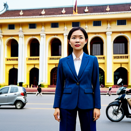 Businesswoman in Hanoi**

A professional Vietnamese businesswoman in a tailored áo dài suit (modern version, fully closed neckline, long sleeves), stands confidently in front of the Hanoi Opera House during the daytime. The background features bustling streets with motorbikes and pedestrians, capturing the vibrant city life. Safe for work, appropriate content, fully clothed, modest, professional attire, perfect anatomy, correct proportions, natural pose, high-quality photography.

**