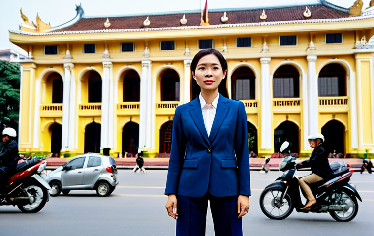 Businesswoman in Hanoi**
A professional Vietnamese businesswoman in a tailored áo dài suit (modern version, fully closed neckline, long sleeves), stands confidently in front of the Hanoi Opera House during the daytime. The background features bustling streets with motorbikes and pedestrians, capturing the vibrant city life. Safe for work, appropriate content, fully clothed, modest, professional attire, perfect anatomy, correct proportions, natural pose, high-quality photography.
**