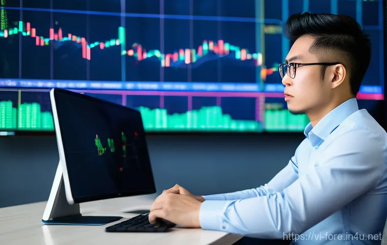 외환관리사와 수출입 업무 협업 - A focused young Vietnamese entrepreneur, male, in his early 30s, intently viewing multiple digital s...