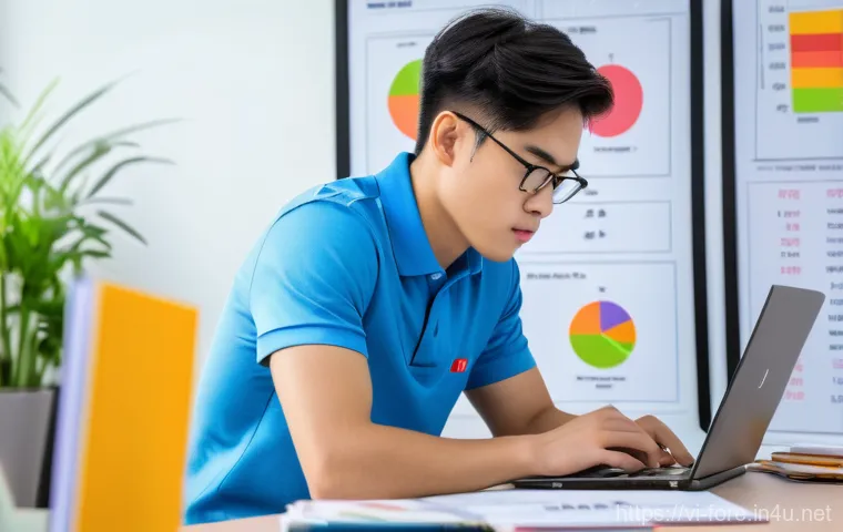 외환관리사와 자격증 취득 성공 사례 - A focused young Vietnamese student, dressed in a smart casual polo shirt, sitting at a modern desk. ...