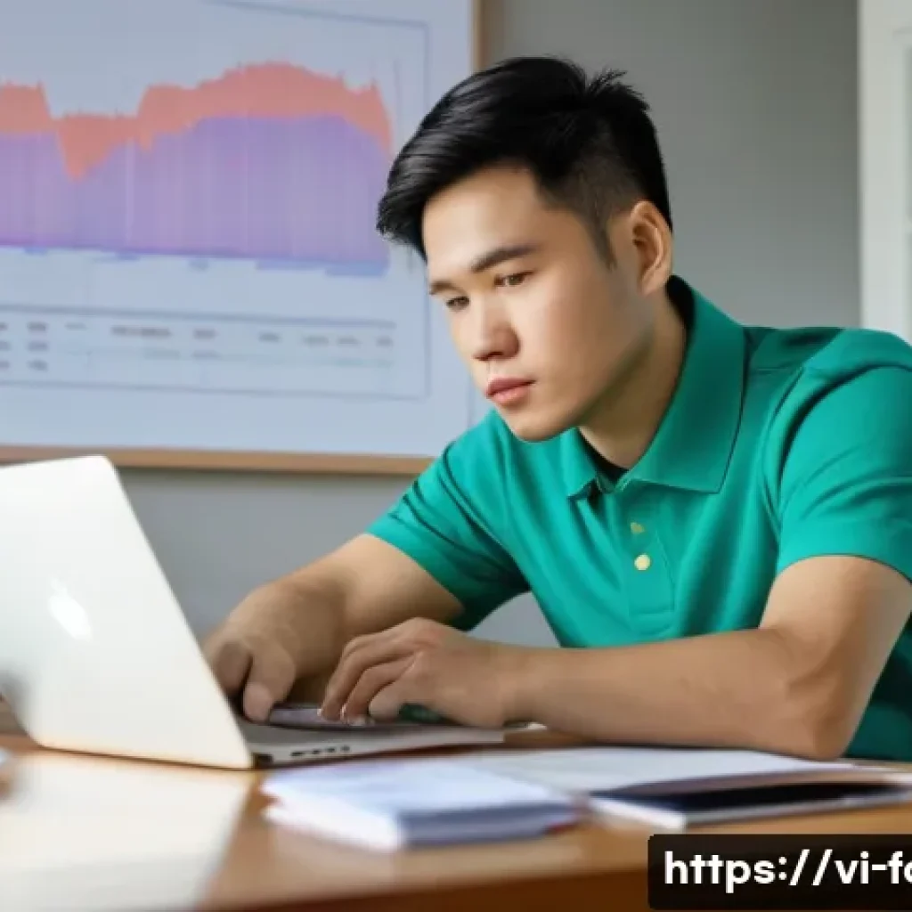 외환관리사와 환차손 방지 방법 - **Prompt:** A young Vietnamese man in his late 20s, dressed in a neat polo shirt and trousers, sitti...