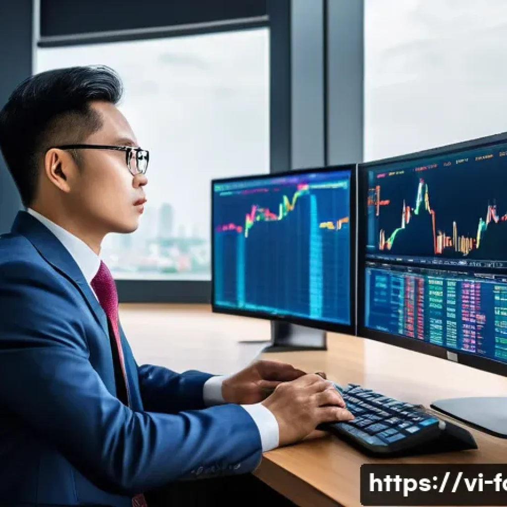 외환관리사와 CFA 자격증 비교 - A professional Vietnamese financial analyst sitting confidently at a modern office desk with dual mo...