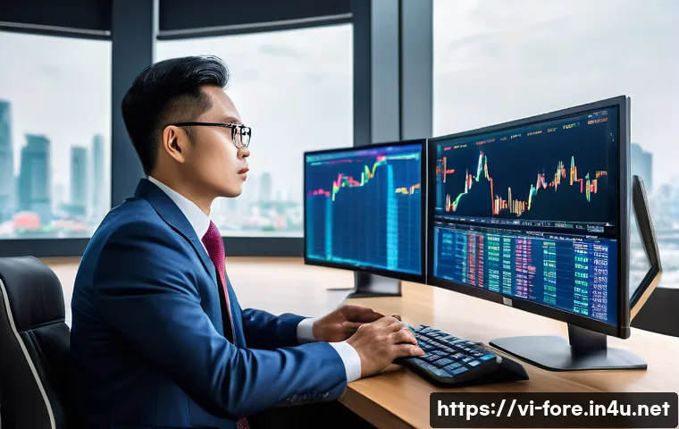 외환관리사와 CFA 자격증 비교 - A professional Vietnamese financial analyst sitting confidently at a modern office desk with dual mo...