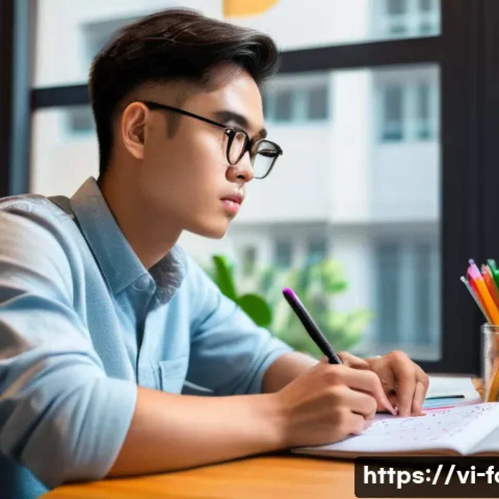 외환관리사 필기시험 고득점 전략 - A focused Vietnamese student sitting at a modern wooden desk in a cozy home study room, surrounded b...