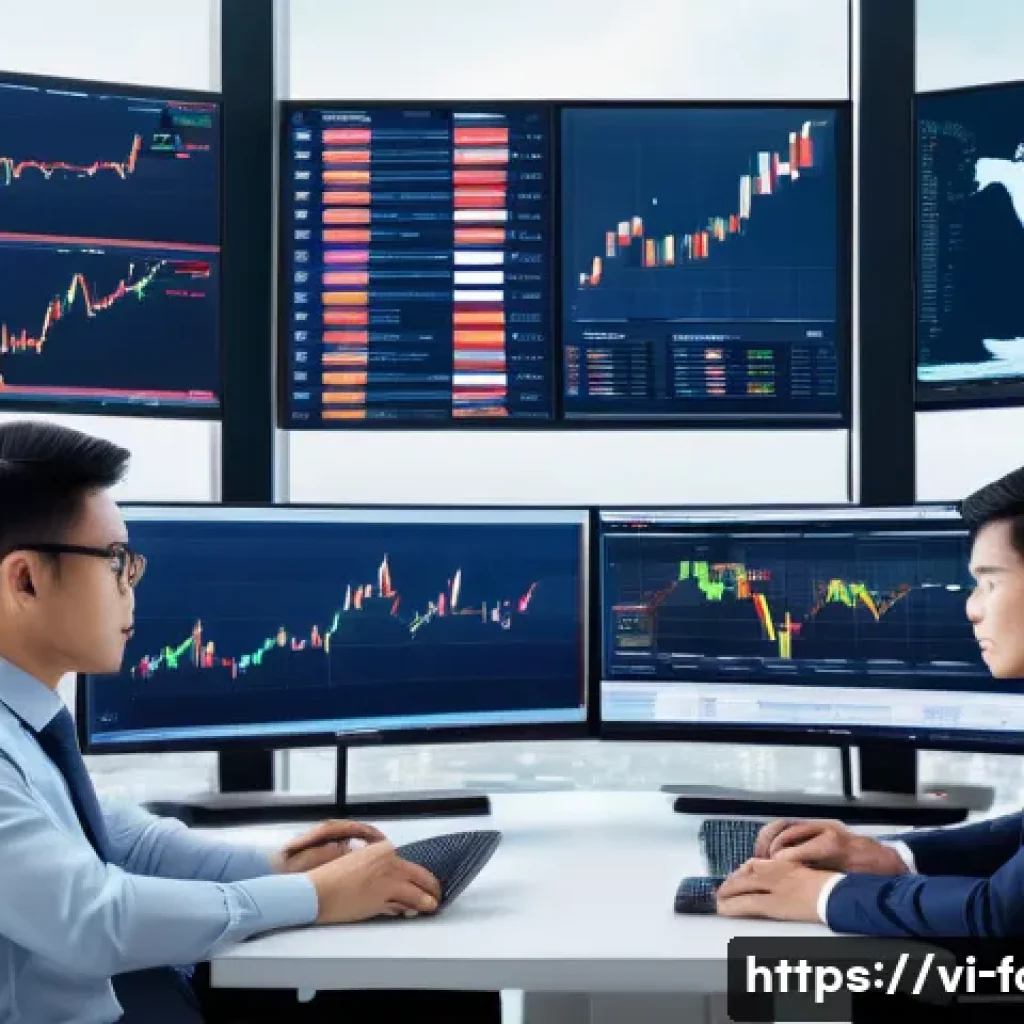 외환관리사와 국제 금융 트렌드 - A modern Vietnamese business office scene showing a diverse team of professionals analyzing internat...