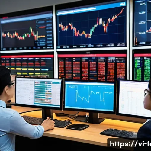 외환관리사와 외환 거래 위험 관리 - A modern Vietnamese financial office setting with diverse professionals analyzing foreign exchange m...