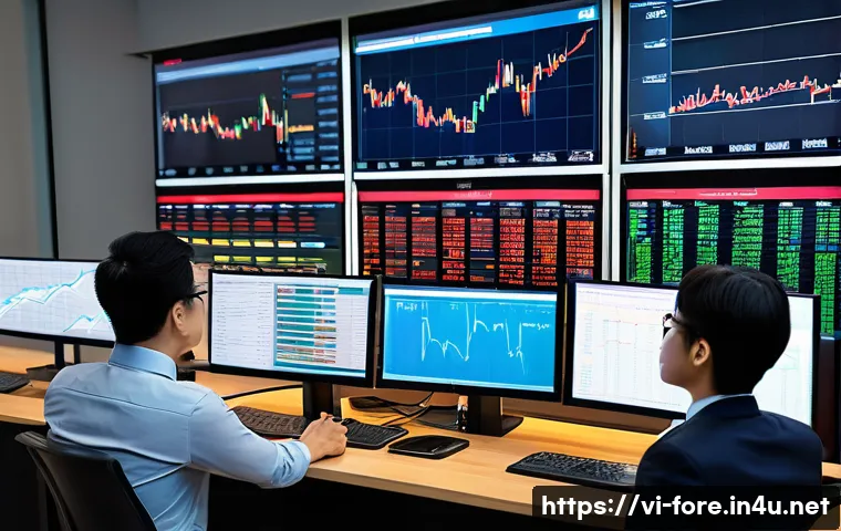 외환관리사와 외환 거래 위험 관리 - A modern Vietnamese financial office setting with diverse professionals analyzing foreign exchange m...