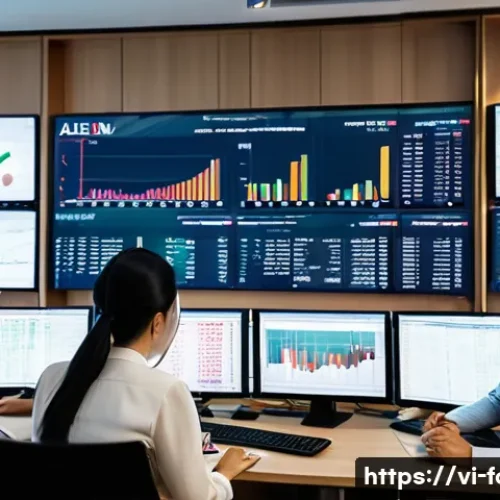 외환관리사와 데이터 기반 업무 개선 - A modern Vietnamese financial office setting with a diverse team of professionals analyzing large di...