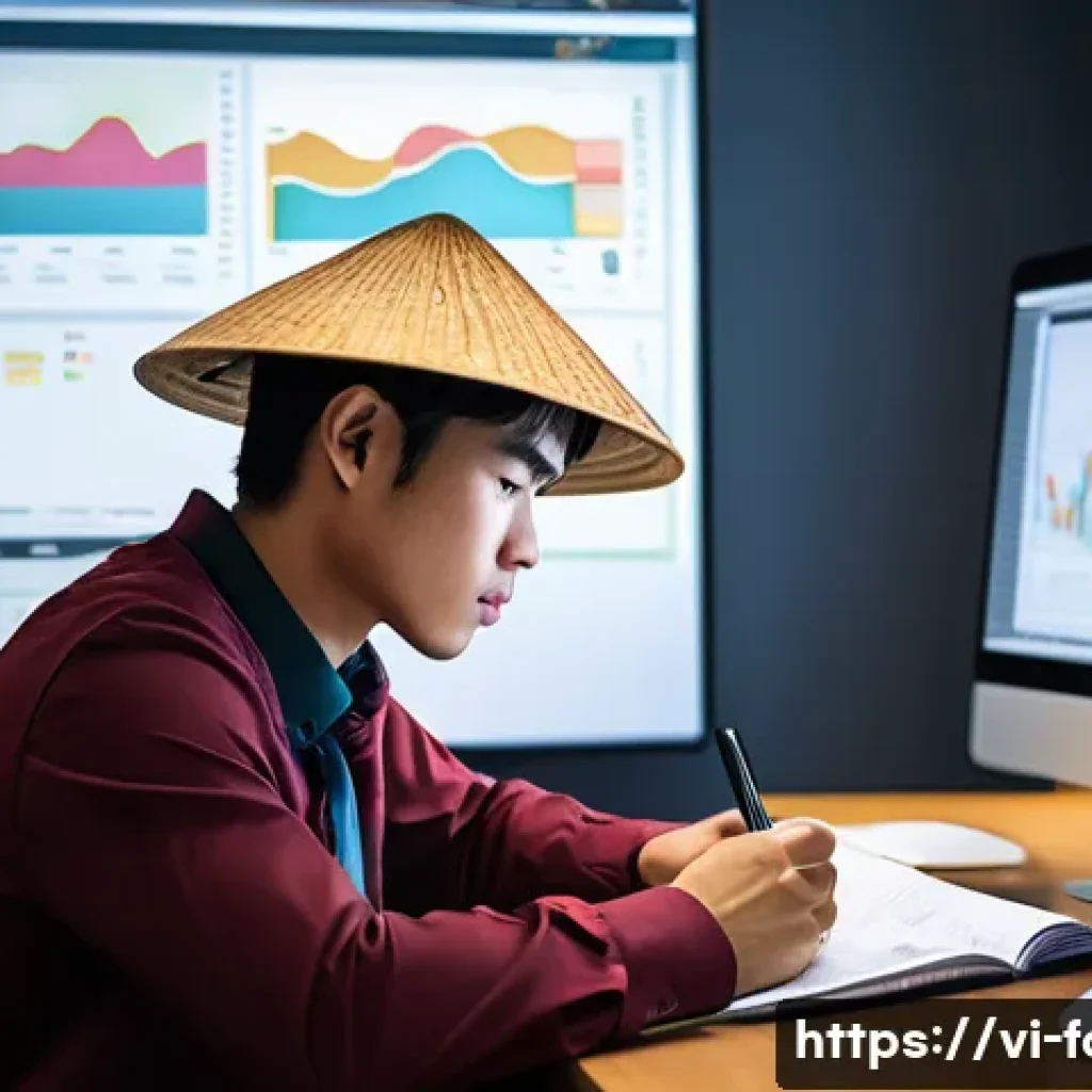 외환관리사와 시험 실패 극복 전략 - A focused Vietnamese student studying forex management at a modern desk, surrounded by updated finan...