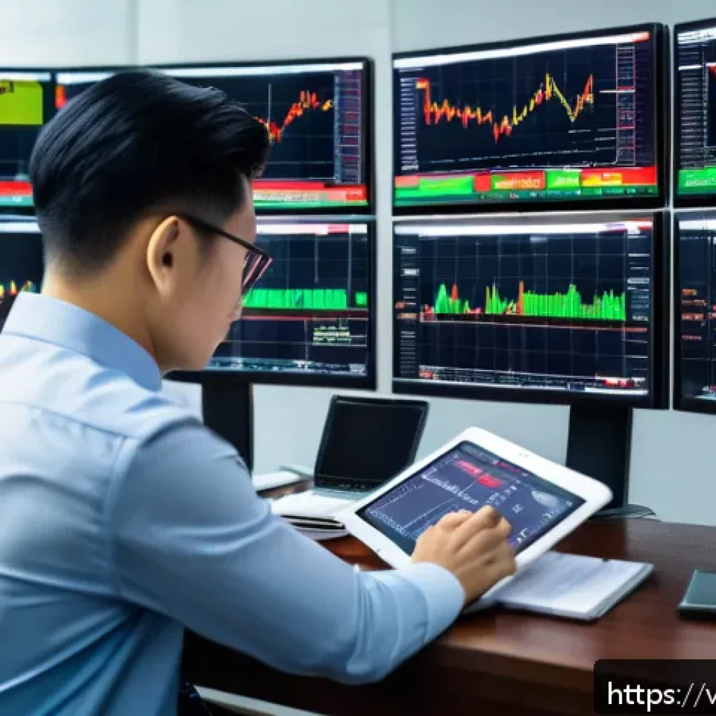 외환관리사와 금융공학 - A sophisticated Vietnamese financial analyst in a modern office, surrounded by multiple screens disp...