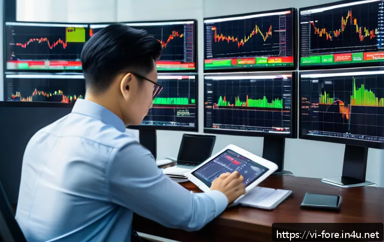 외환관리사와 금융공학 - A sophisticated Vietnamese financial analyst in a modern office, surrounded by multiple screens disp...
