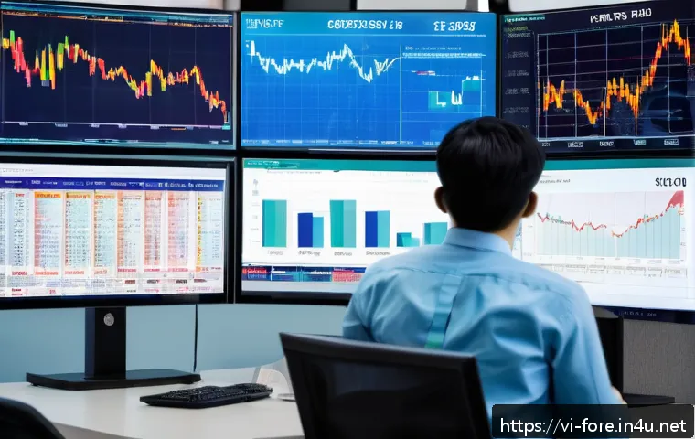 외환관리사와 글로벌 외환 시장 이해 - A modern Vietnamese financial analyst in a sleek office, surrounded by multiple computer screens dis...