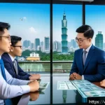 Home 21 외환관리사와 외환 규제의 변화 - A modern Vietnamese financial office scene showing diverse business professionals in formal attire d...