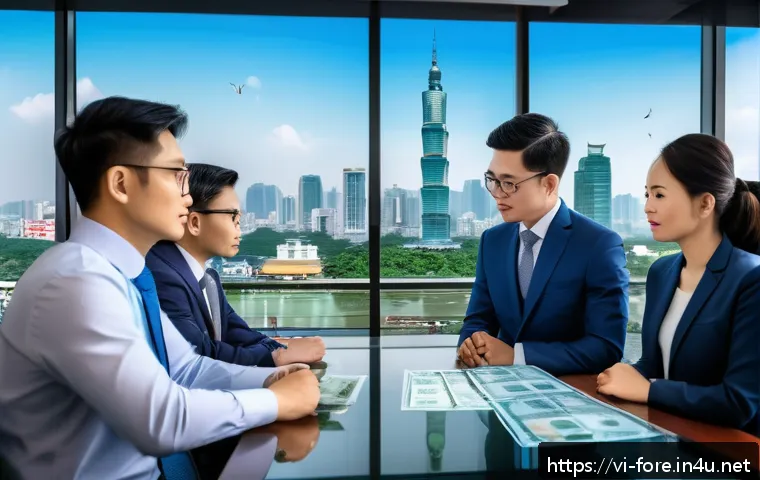 외환관리사와 외환 규제의 변화 - A modern Vietnamese financial office scene showing diverse business professionals in formal attire d...