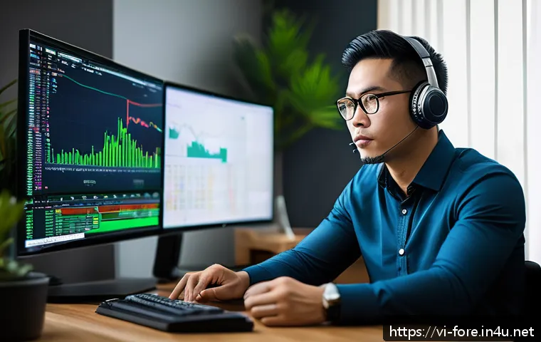 외환관리사와 외환 거래 성공 전략 - A focused Vietnamese male forex trader sitting at a modern desk in a cozy home office, multiple comp...