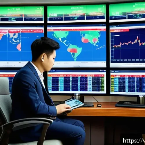Home 17 외환관리사와 경제지표 해석 - A modern Vietnamese financial trading office scene with a young professional trader analyzing multip...