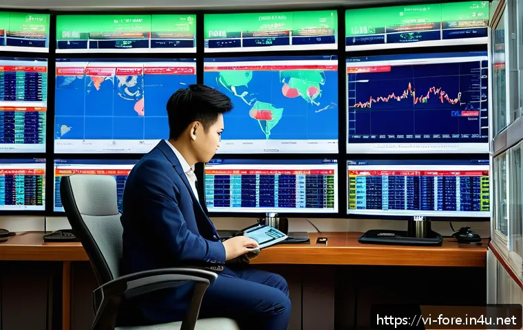 외환관리사와 경제지표 해석 - A modern Vietnamese financial trading office scene with a young professional trader analyzing multip...